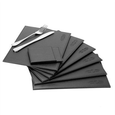  - Faux Leather Placemats & Coaster Table Set Black