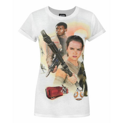 B&Q -  Star Wars Womens White ReyFinnBb-8 Force Awakens Short Sleeved T-Shirt (Medium)