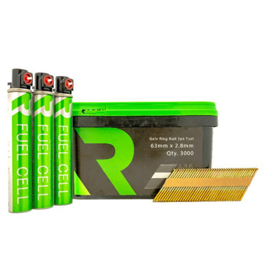 Rikä Rika 63 X 2.8mm Collated Nails Galvanised Ring 34 Degree 3000Pk (3Pk Fuel Cells) from B&Q