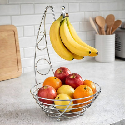  - 2 In 1 Kitchen Storage Fruit Bowl & Banana Hanger Chrome Metal Finish Modern