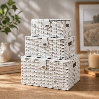  - 3Pc White Wicker Basket Set With Lock