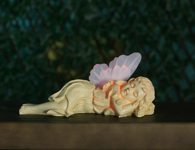 B&Q Solar Sleeping Fairy Garden Ornament Cream/Light