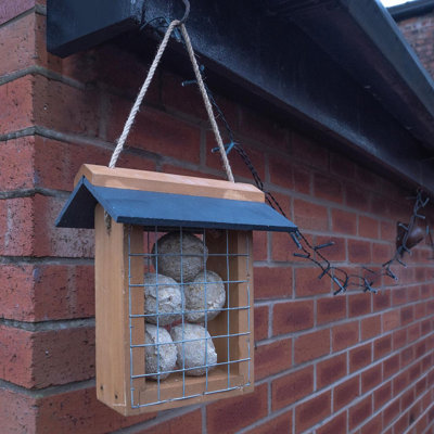 Wooden Suet Ball Or Cake Bird Feeder With Slate RoofMetal Cage & Hanging CordOutdoor Garden Wild Bird Feeding Station from B&Q