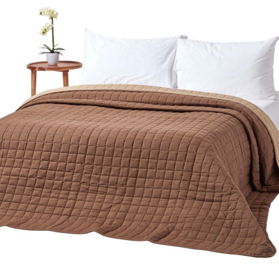 B&Q -  Cotton Quilted Reversible Bedspread Chocolate Mink Brown150 X 200 Cm