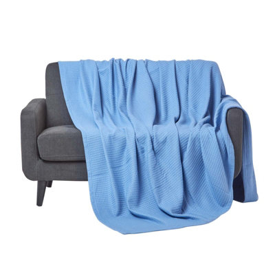 Homescapes Organic Cotton Waffle Blanket/ Throw 178 X 228 Cm Blue