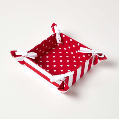 Homescapes Reversible Fabric Bread Basket Polka Dots Foldable Basket Red