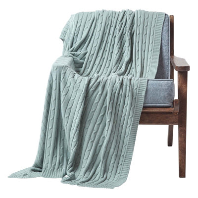 Homescapes Cotton Cable Knit Throw Duck Egg 130 X 170 Cm Blue