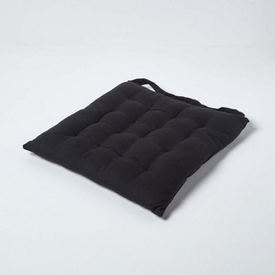 Homescapes Plain Seat Pad With Button Straps 100% Cotton 40 X 40 Cm Black