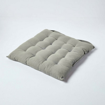 Homescapes Plain Seat Pad With Button Straps 100% Cotton 40 X 40 Cm Grey