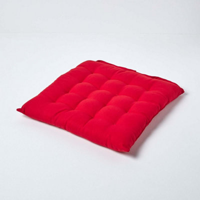 Homescapes Plain Seat Pad With Button Straps 100% Cotton 40 X 40 Cm Red