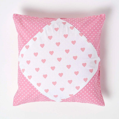 Homescapes Cotton Hearts And Polka Dots Cushion Cover, 45 X 45 Cm Pink