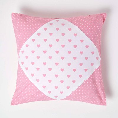 Homescapes Cotton Hearts And Polka Dots Cushion Cover, 60 X 60 Cm Pink