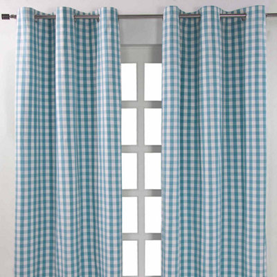 Homescapes Cotton Block Check Gingham Eyelet Curtains 137 X 182 Cm Blue