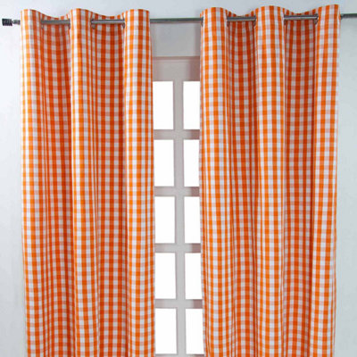 Homescapes Cotton Block Check Gingham Eyelet Curtains 117 X 137 Cm Orange