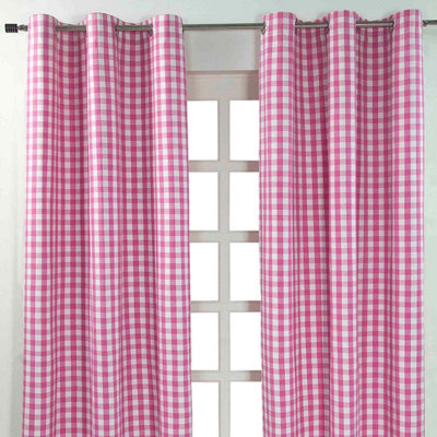Homescapes Pink Cotton Block Check Gingham Eyelet Curtains 137 X 228 Cm