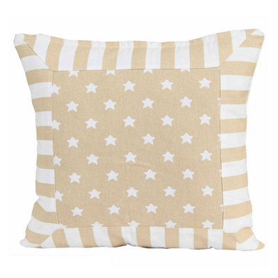 Homescapes Beige Cotton Stripe Border And Stars Cushion Cover, 60 X 60 Cm