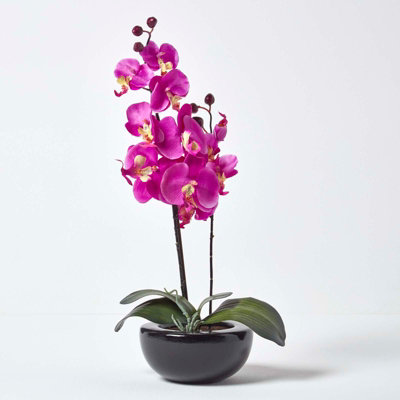 Homescapes Artificial Cerise Pink Handcrafted Oriental Style Orchids In Black Bowl54 Cm from B&Q