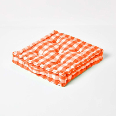 Homescapes Block Check Cotton Gingham Floor Cushion, 50 X 50 Cm Orange