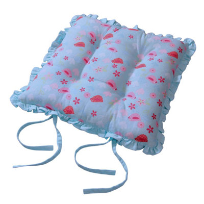 Homescapes Blue Reversible Frilled Cushion Seat Pad With Ties Birds & Flowers