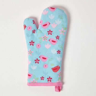 Homescapes Pink Birds And Flowers Cotton Oven Glove