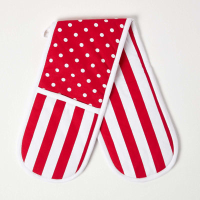Homescapes Polka Dot Cotton Double Oven Glove Red