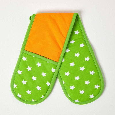 Homescapes Orange/Green And Stars Cotton Double Oven Glove