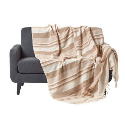 Homescapes Cotton Morocco Striped Throw, 255 X 360 Cm Beige