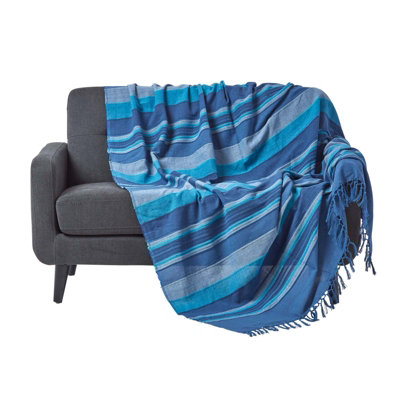 Homescapes Cotton Morocco Striped Throw, 255 X 360 Cm Blue