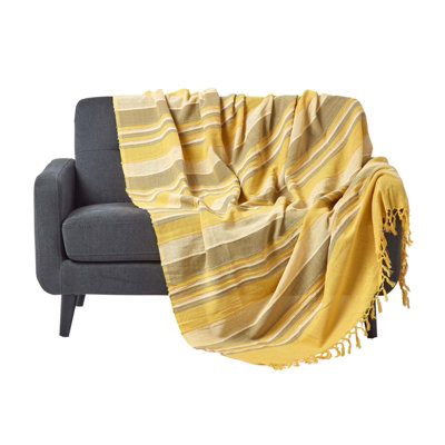 Homescapes Cotton Morocco Striped Throw, 255 X 360 Cm Yellow