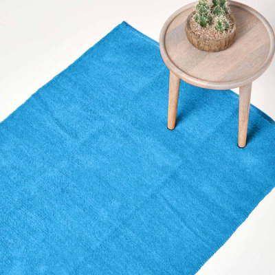 Homescapes Chenille Plain Cotton Extra Large Rug 110 X 170 Cm Blue