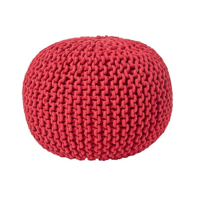 Homescapes Round Cotton Knitted Pouffe Footstool Red