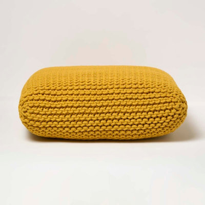 Homescapes Square Cotton Knitted Pouffe Floor Cushion Yellow