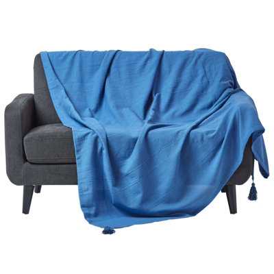 Homescapes Cotton Rajput Ribbed Throw, 225 X 255 Cm Blue