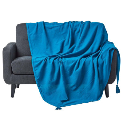 Homescapes Cotton Rajput Ribbed Teal Throw, 255 X 360 Cm