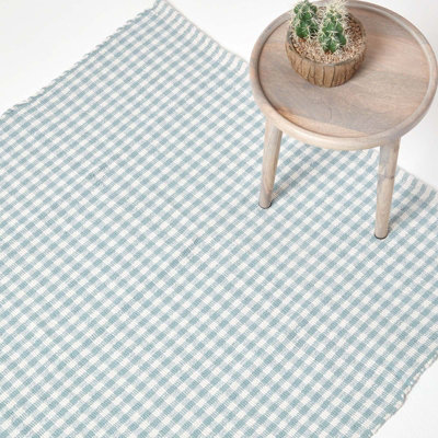 Homescapes Blue/White Cotton Gingham Check Rug Hand Woven 70 X 120 Cm