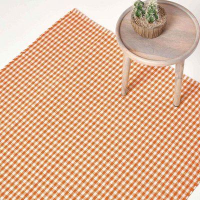 Homescapes Orange/White Cotton Gingham Check Rug Hand Woven 110 X 170 Cm