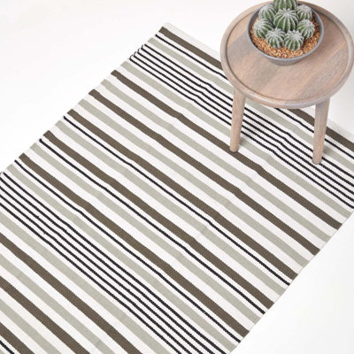 B&Q -  Modern Black Grey Scandinavian Style Striped Cotton Rug60 X 100 Cm