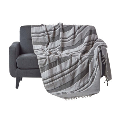 Homescapes Cotton Morocco Striped Throw, 150 X 200 Cm Grey