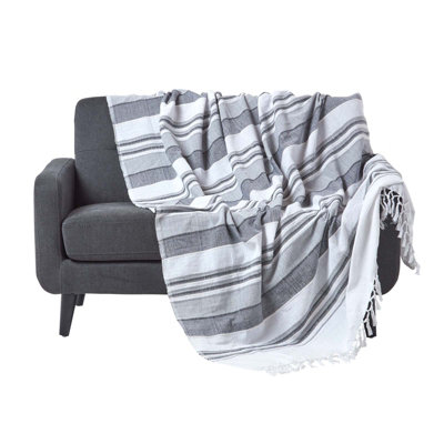 Homescapes Cotton Morocco Striped Monochrome Throw, 225 X 255 Cm