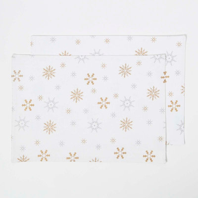 Homescapes Cotton Christmas Snowflake Pack Of 2 Placemats Gold