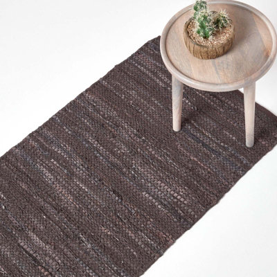 Homescapes Denver Leather Woven Rug 66 X 200 Cm Brown
