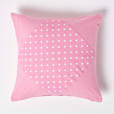 Homescapes Cotton Plain And Polka Dots Cushion Cover, 45 X 45 Cm Pink