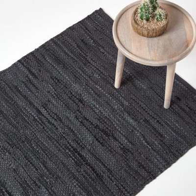 Homescapes Black Denver Leather Woven Rug 90 X 150 Cm