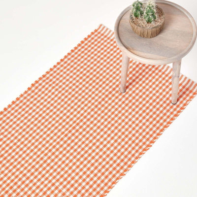 Homescapes Cotton Gingham Check Rug Hand Woven 66 X 200 Cm Orange/White
