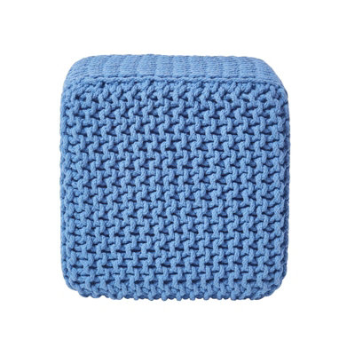 Homescapes Cube Cotton Knitted Pouffe Footstool Blue