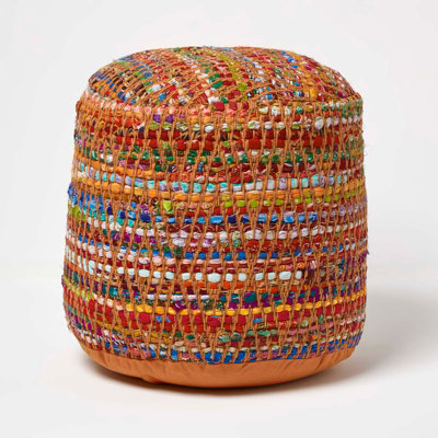 Homescapes And Multi-Colour Chindi Design Circular Bean Filled Pouffe Red