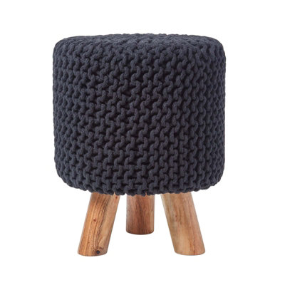B&Q -  Black Tall Cotton Knitted Footstool On Legs