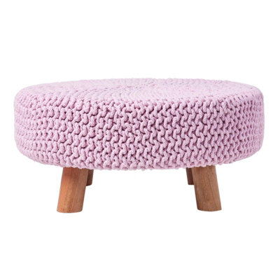 Homescapes Pink Pastel Round Cotton Knitted Footstool On Legs Large