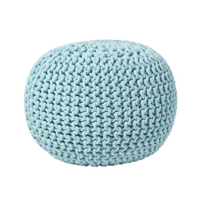 Homescapes Pastel Round Cotton Knitted Pouffe Footstool Blue