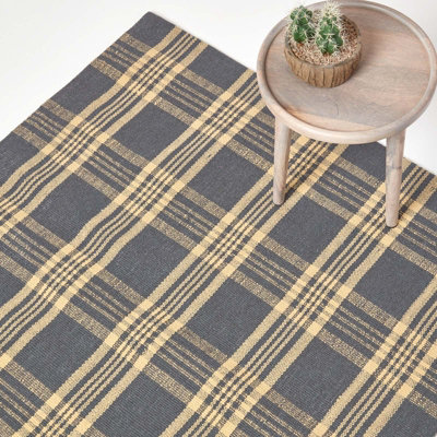 B&Q -  Douglas Grey And Yellow Tartan Check Non-Slip 100% Wool Rug70 X 120 Cm
